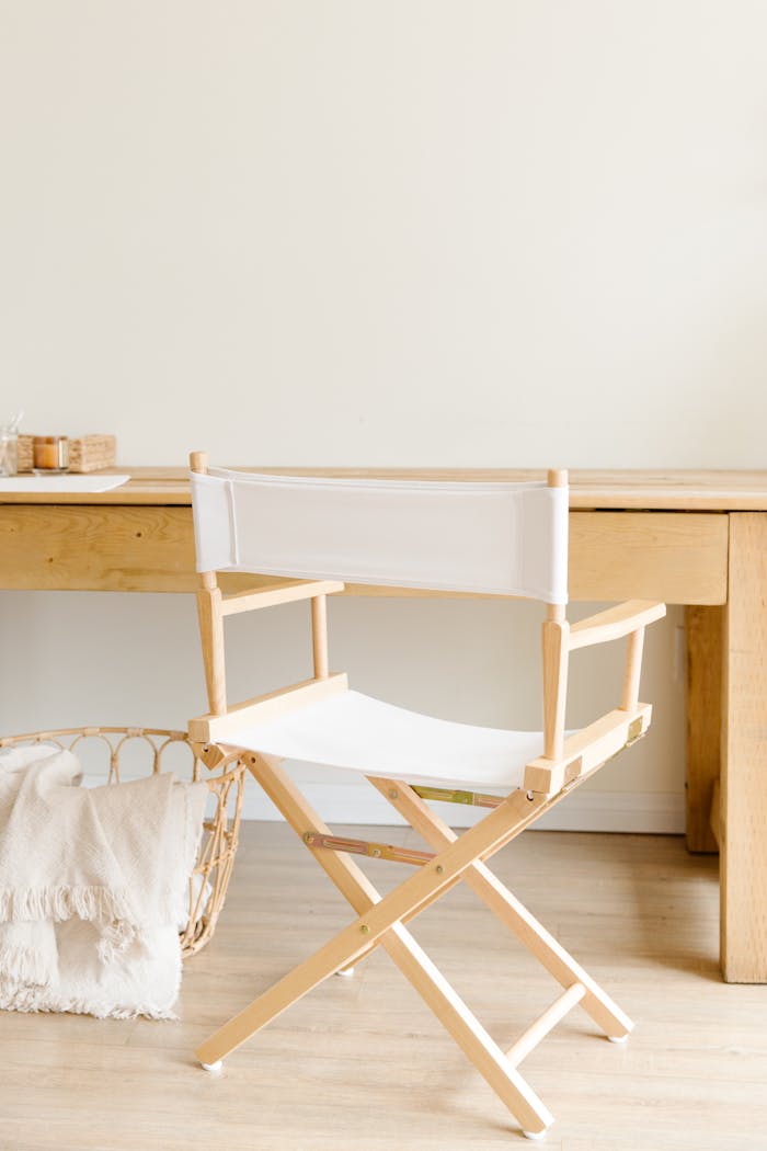 A sleek director's chair in a modern, minimalist interior setting with natural wooden elements.